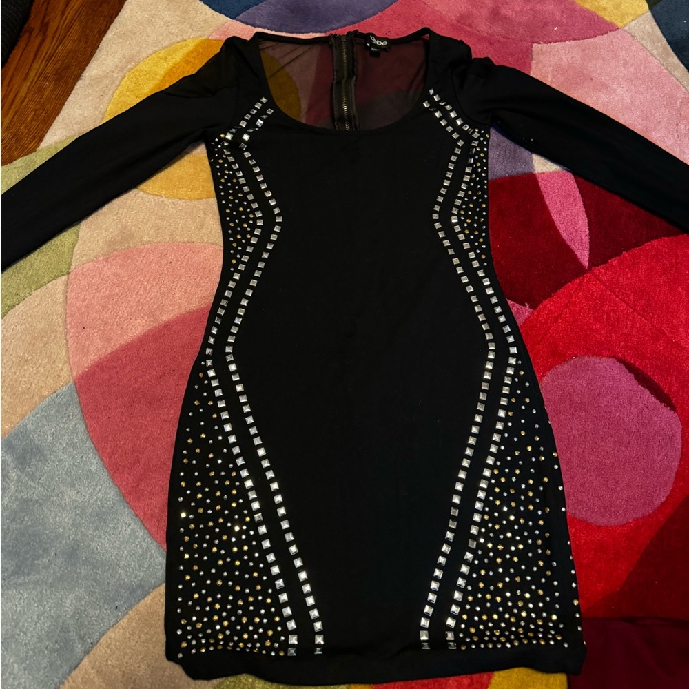 black dress with gold and silver embellishments. size S. by bebe